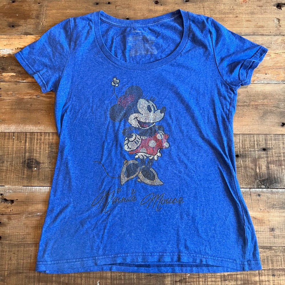 Disney Minnie Mouse Shirt Rhinestone Graphic Royal Blue Sparkly Womens Tee Top
